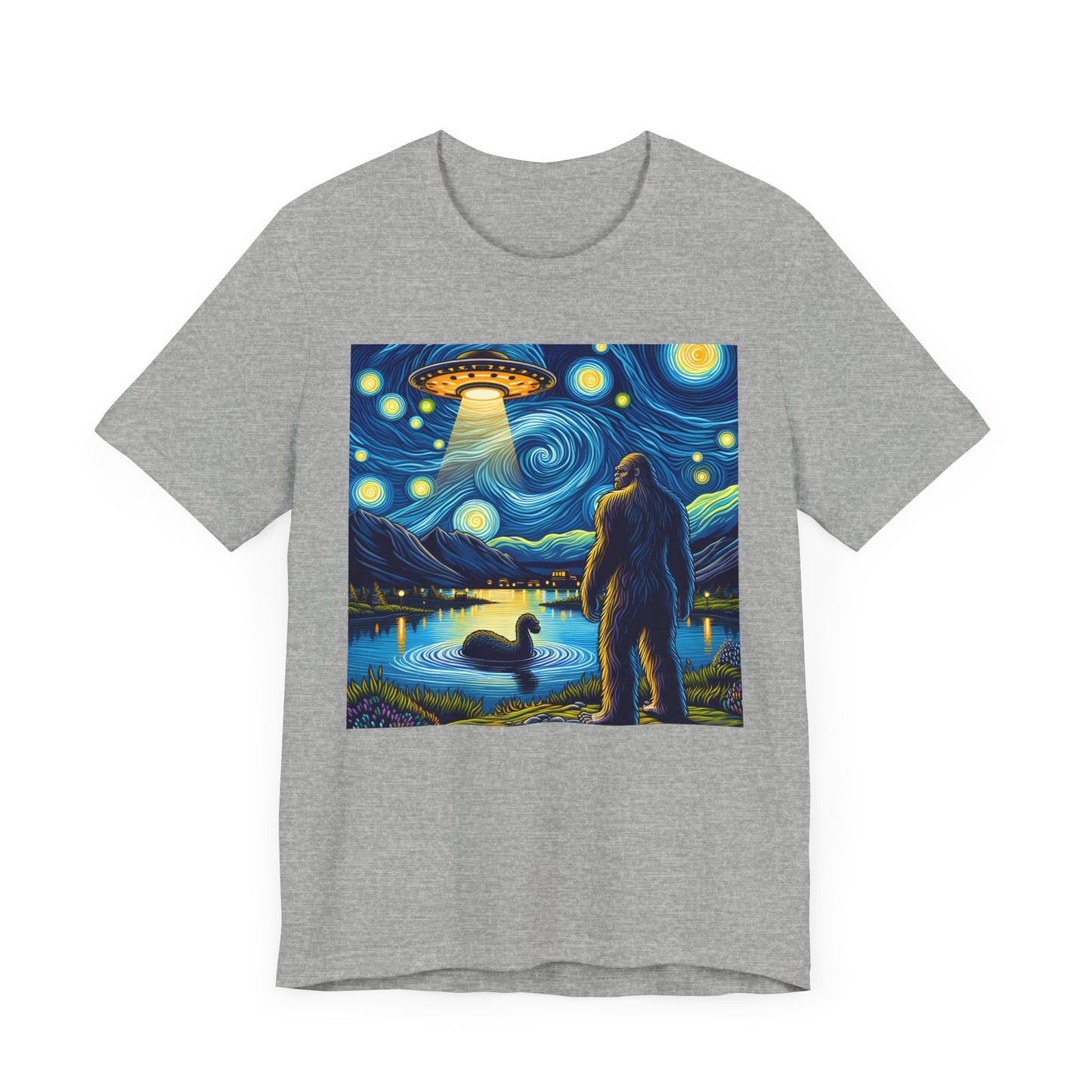 Bigfoot Alien Spaceship Night Sky Shirt | Sasquatch Meets Extraterrestrial Art | Fun UFO Humor Tee | Bigfoot Alien Lovers Gift Starry Night