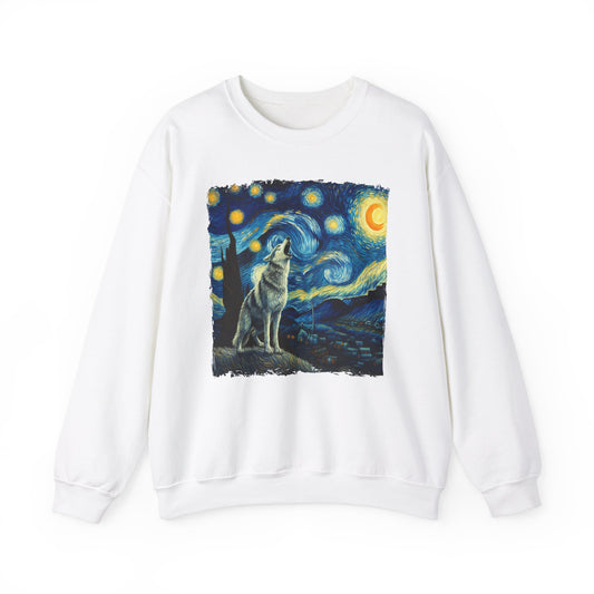 Lone Wolf Night Sky Crewneck Sweater | Mystical Wolf Pullover with Starry Night-Inspired Art Nature Wilderness Lover Gift Cool Wolf Sweater