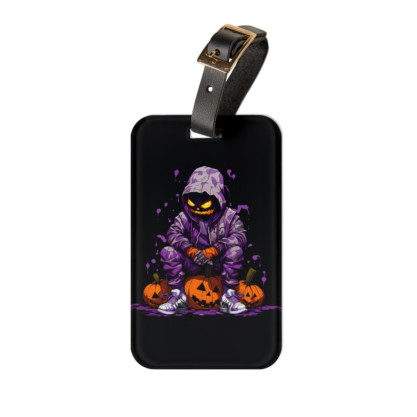 Gangster Pumpkin Purple Hoodie Luggage Tag Urban Style Jack O Lantern Halloween Baggage ID Streetwear Pumpkin Travel Accessory Spooky Vibes