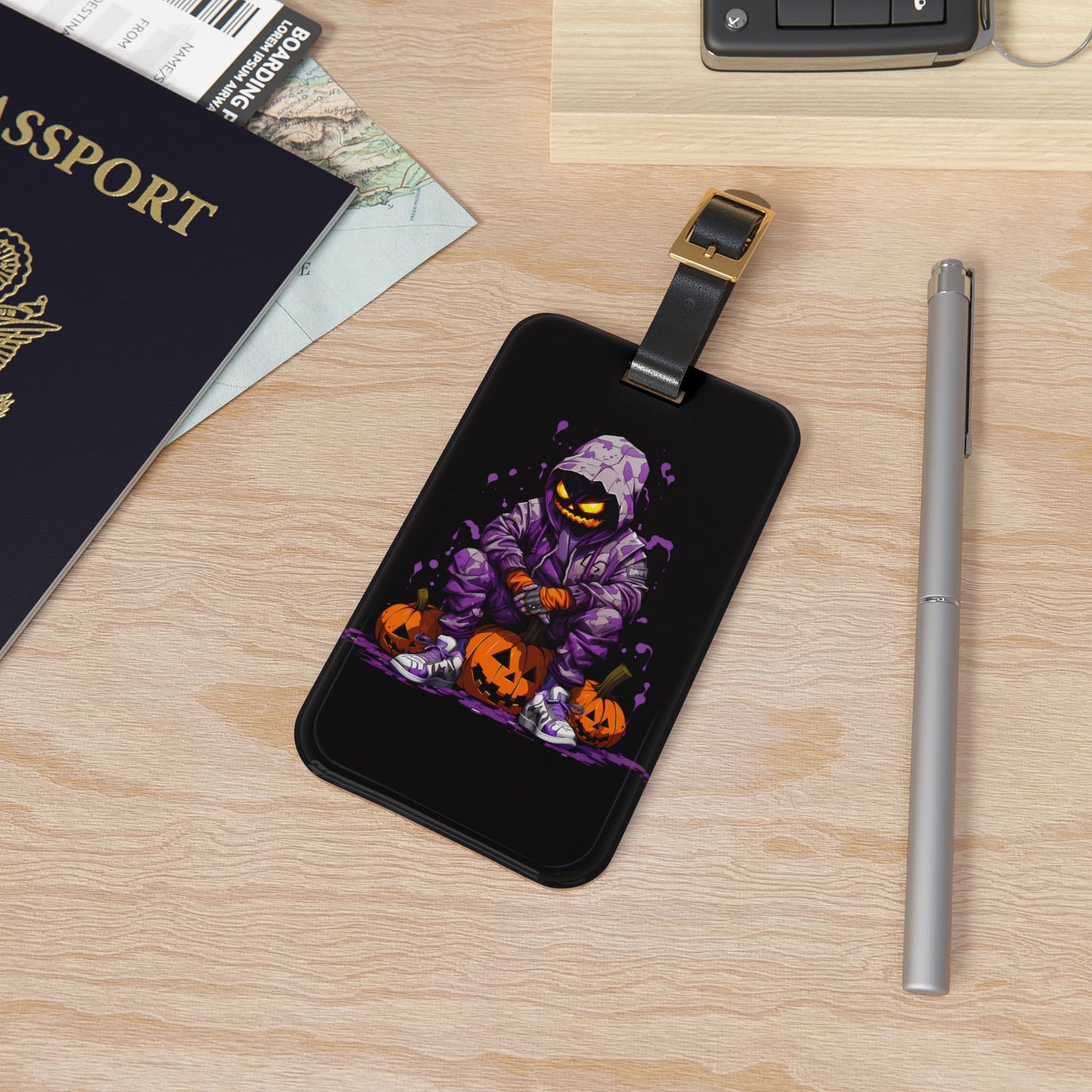 Gangster Pumpkin Purple Hoodie Luggage Tag Urban Style Jack O Lantern Halloween Baggage ID Streetwear Pumpkin Travel Accessory Spooky Vibes