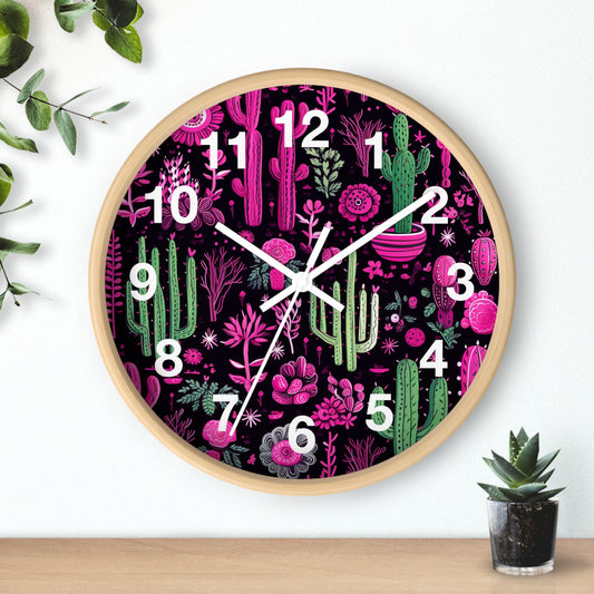 Pink Flowering Cactus Wall Clock | Battery Operated | Watercolor Bohemian Style Decor | Ideal Gift for Cactus Lovers Aesthetic Decor Fans