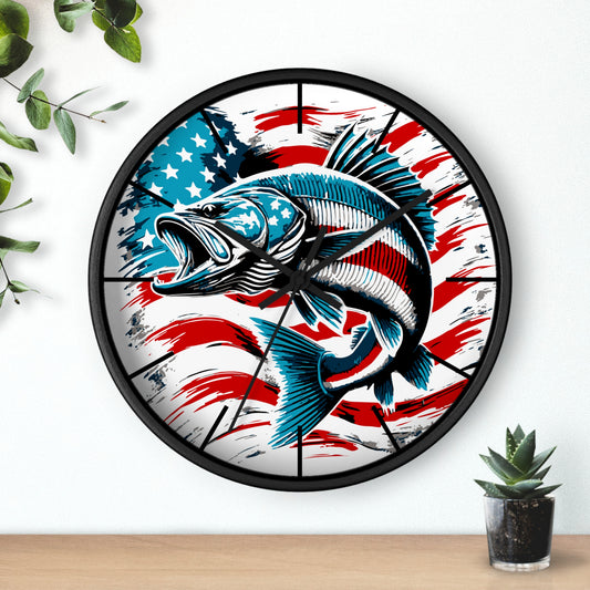 American Flag Fish Wall Clock | Patriotic Fisherman Decor | Battery Operated | Perfect for Man Cave | Unique Gift for Fishing Enthusiasts