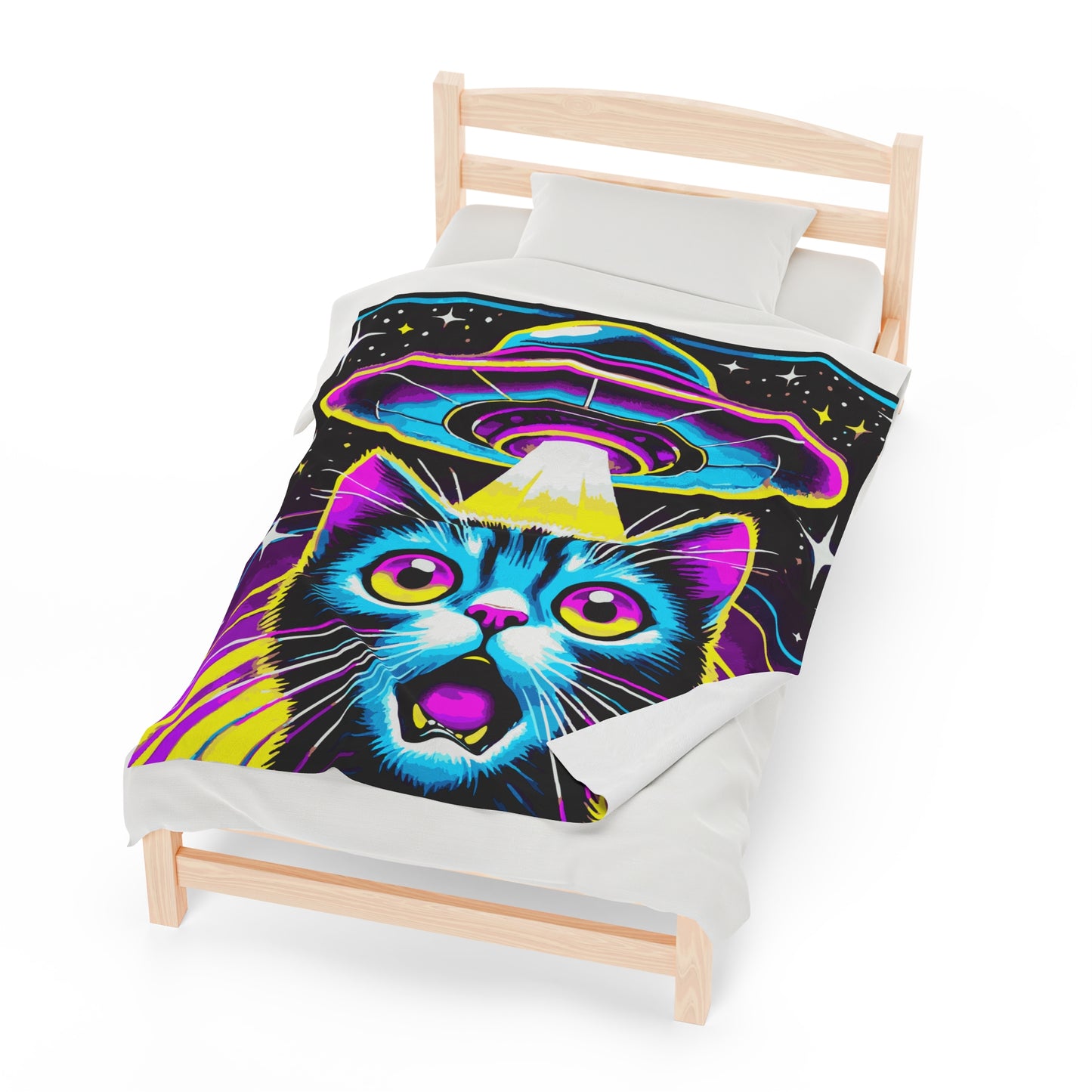 Colorful Cat Abduction Velveteen Plush Throw Blanket | Cool Cat Picked Up by Spaceship | Trippy Alien Decor Cat Lovers Cozy Fun Blanket Gift