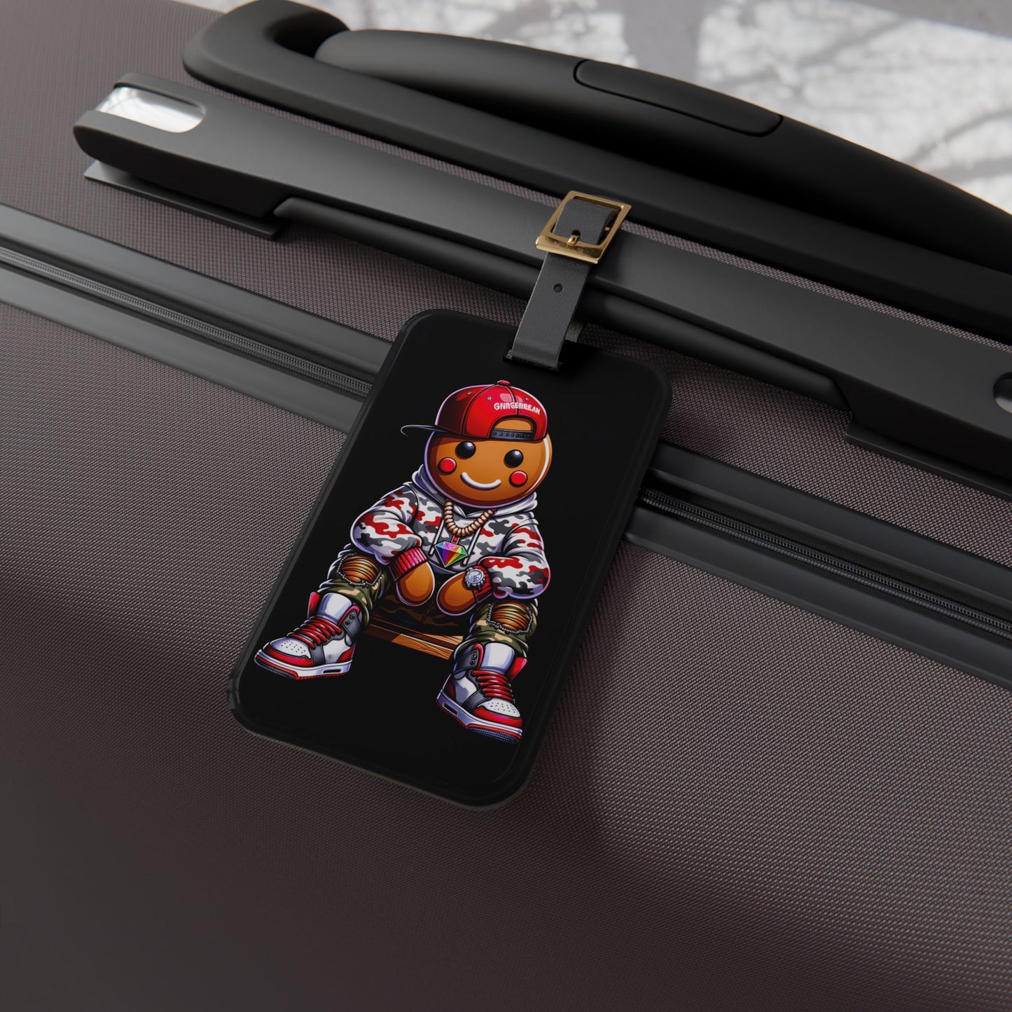 Gingerbread Man Gangster Luggage Tag | Urban Style Streetwear Gingerbread Hip Hop Christmas Baggage ID | Festive Travel Gingerbread Lovers