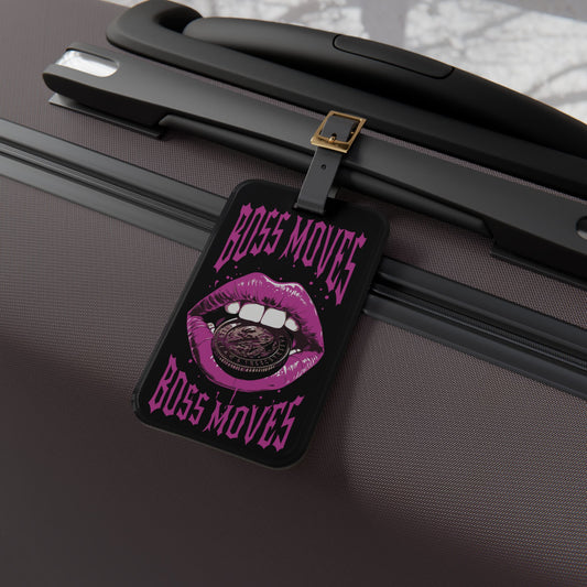 Boss Moves Luggage Tag | Purple Lips Holding Coin Design | Hustler Baggage ID for Bosses | Street Culture Travel Accessory Money Travel Tag