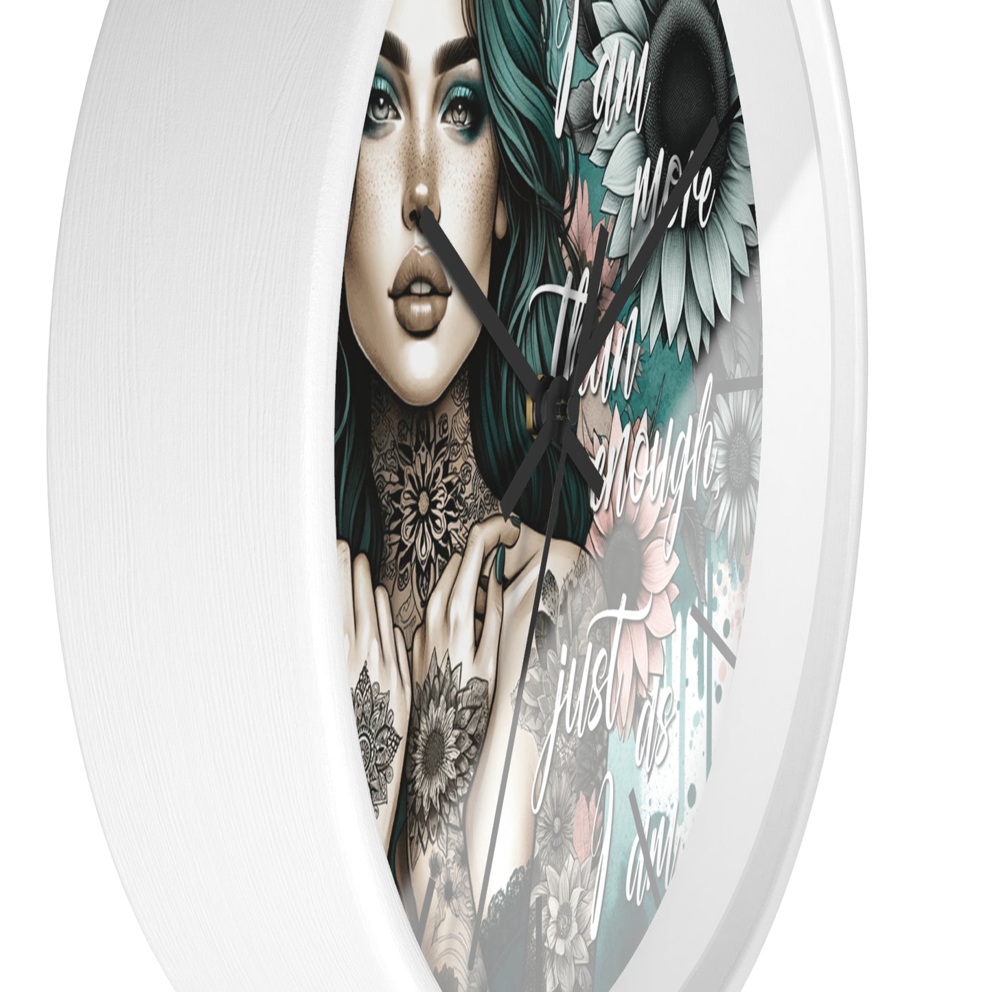 I Am More Than Enough Wall Clock | Affirmation Quote Art | Battery Operated Beautiful Woman with Flowers Dark Aesthetic Manifestation Decor