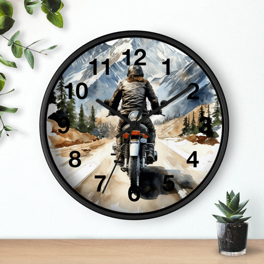 Biker Riding Open Road Wall Clock | Mountain Range Scenic View Motorcycle Art Unique Biker Decor Adventure Gift for Bikers Battery Operated