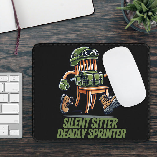 Silent Sitter Deadly Sprinter Non Slip Mouse Pad | Tactical Chair Cartoon Art | Funny Prop Hunt Design | Bold Military Chair Gamer Gift