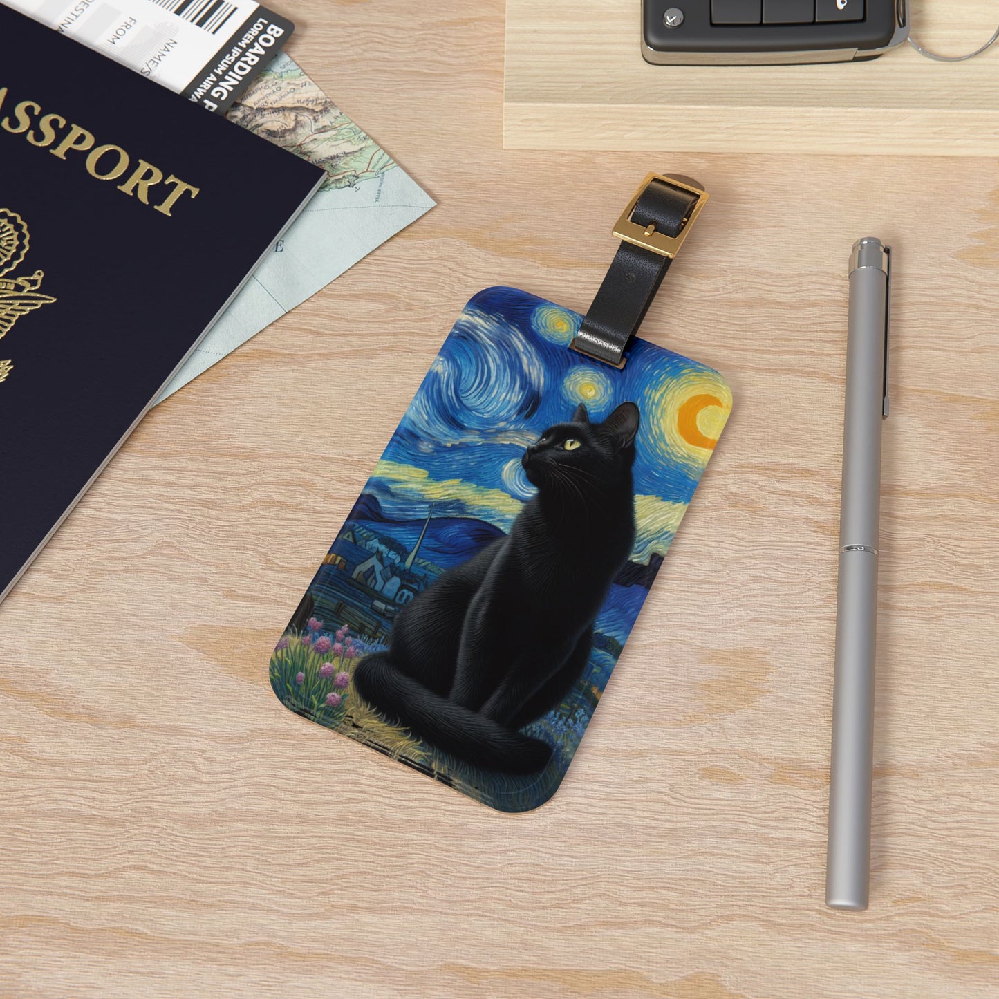 Mystical Black Cat Under Starry Night Luggage Tag | Enchanting Travel Accessory | Perfect Gift for Cat Lovers | Witchcraft Baggage ID