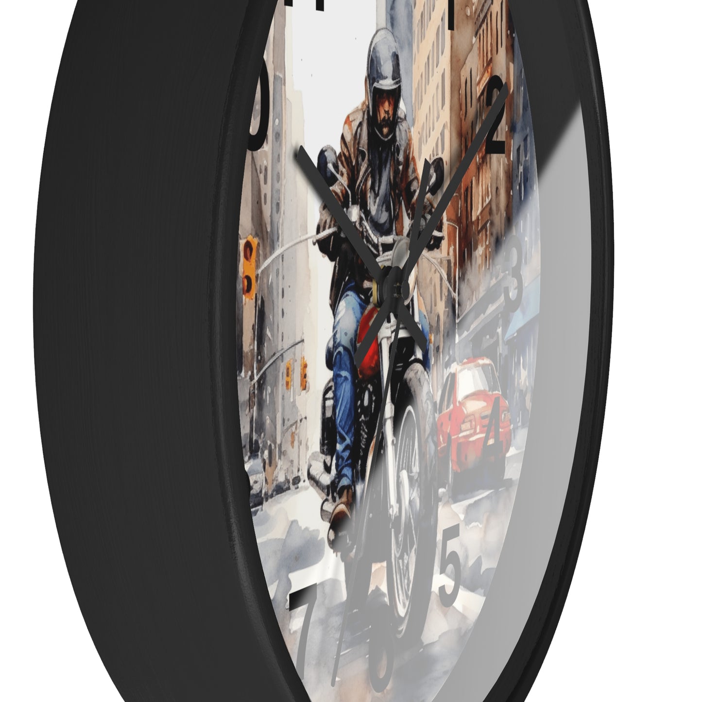 City Street Motorcycle Wall Clock | Urban Biker Decor | Rider Through City Art | Unique Gift for Bikers Cool Man Cave Clock Battery Operated