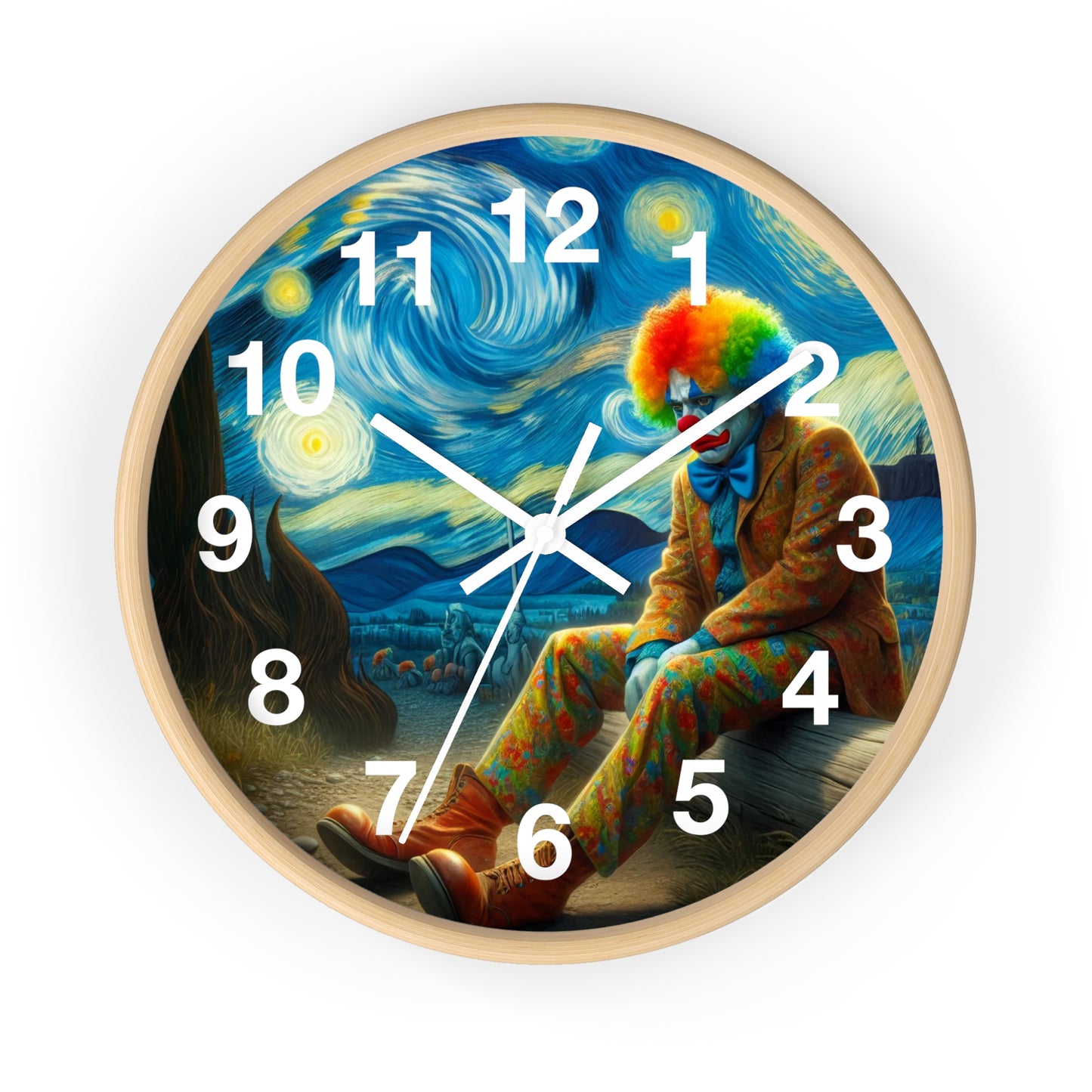 Sad Clown Night Sky Wall Clock | Battery Operated | Melancholic Art Inspired by Starry Night | Unique Gift Clown Lovers Artistic Wall Decor