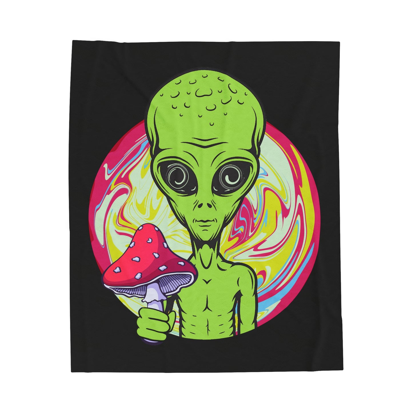 Alien Holding Mushroom Velveteen Plush Throw Blanket | Trippy Psychedelic Blanket | Rave Festival Accessory Cozy Gift Alien Mushroom Lovers