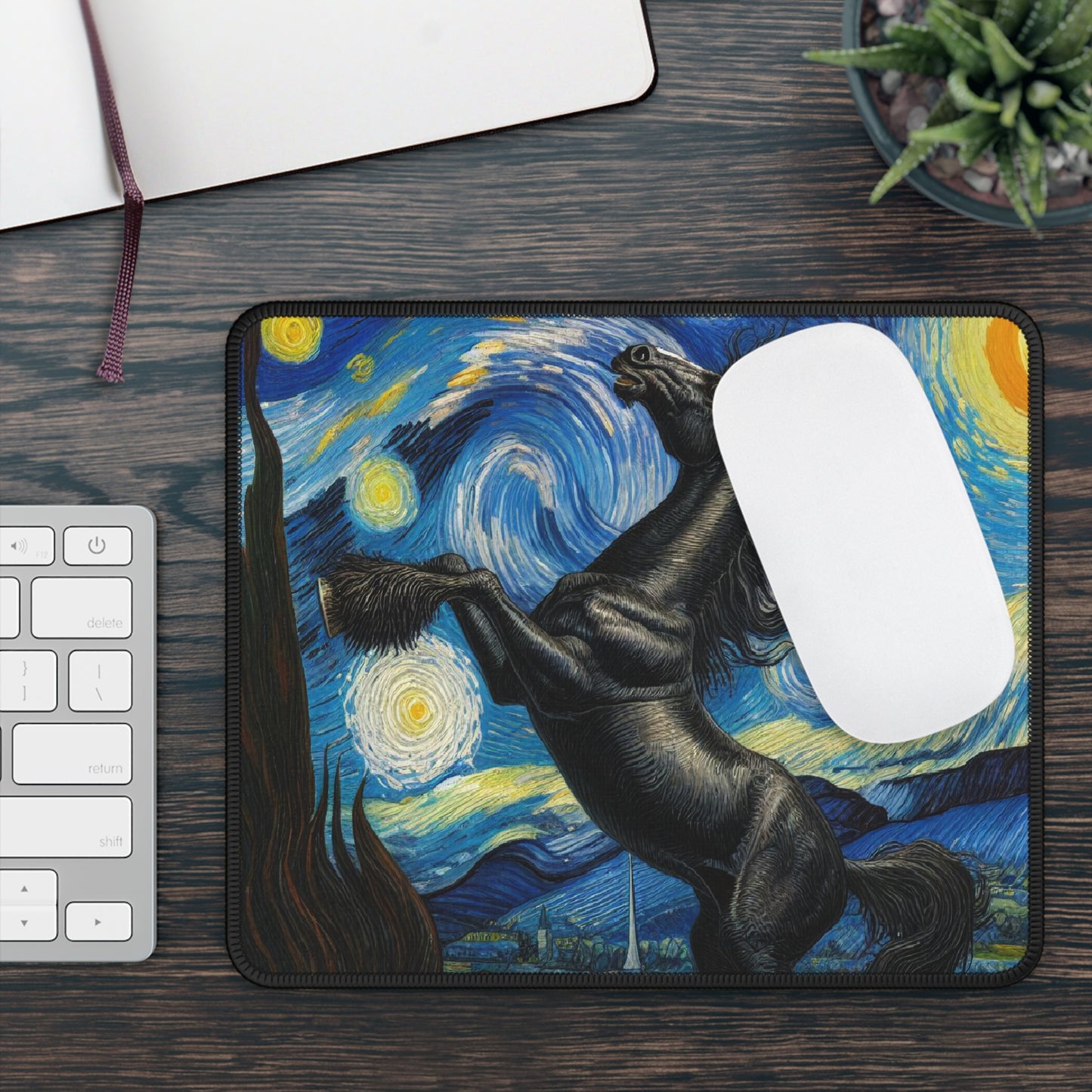 Majestic Black Horse Night Sky Non-Slip Mouse Pad | Starry Night-Inspired Art | Elegant Horse Gift for Equestrian Lovers Horse Desk Mat